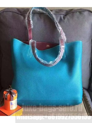 Hermes Double Sens Shopping Tote Bag In Original Togo Leather Blue/Burgundy