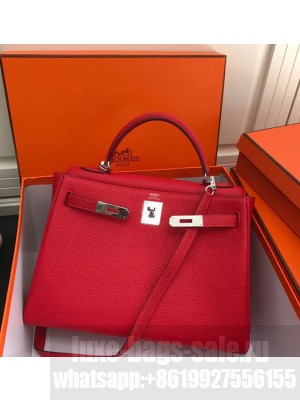 Hermes Kelly 25 Bag in Calf Leather with Gold/Silver Hardware Bright Red