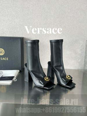 Versace Gianni Ribbon Open Ankle Boots 10.5cm in Strentch Leather Black