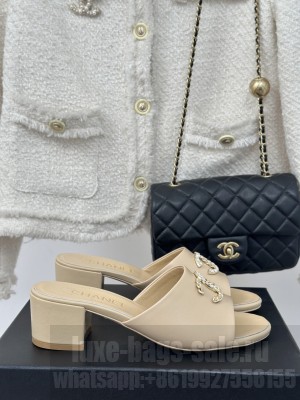 Chanel CC 5cm Lambskin Slide Mule Beige