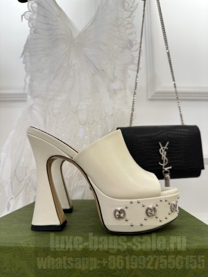 Gucci Leather Platform Slide Sandal 15cm with Interlocking G Studs 2023 White