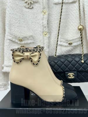 Chanel Women's Chain Around With Bow Leather/Grosgrain Ankle Boots Beige