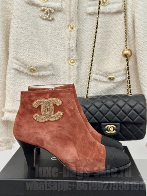Chanel Suede Grosgrain,Embroidered logo 7cm Ankle Boots Burgundy/Black 2024