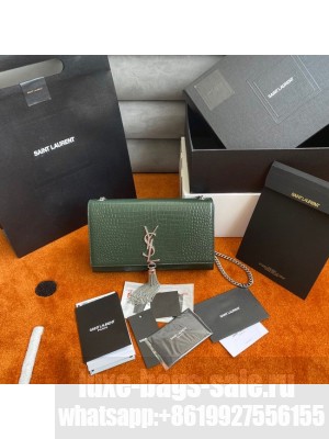 Yves Saint Laurent KATE CHAIN WALLET WITH TASSEL IN CROCODILE-EMBOSSED SHINY LEATHER 452159B blackish green
