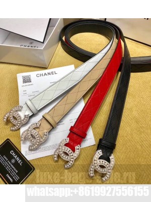 Chanel Width 3cm Pearl CC Logo Silver Buckle Quilting Leather Belt