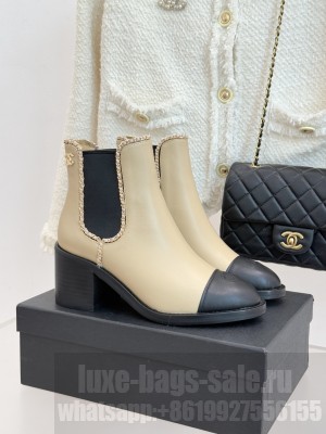 Chanel Calfskin with Chain Chelsea Ankle Boots Beige