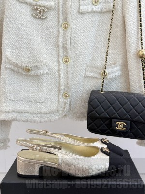 Chanel Lambskin & Grosgrain cc Metal slingback Pumps Gold 2025