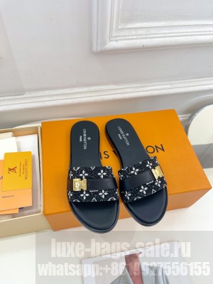 Louis Vuitton Lock It Flat Slide Sandals in Monogram Canvas 2023 Black