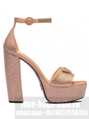 Prada Women's Satin Platform Sandals With Crystals 1XP53B Peachblow