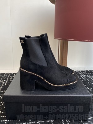 Chanel Suede Heel Platform with Chain Black Ankle Boots