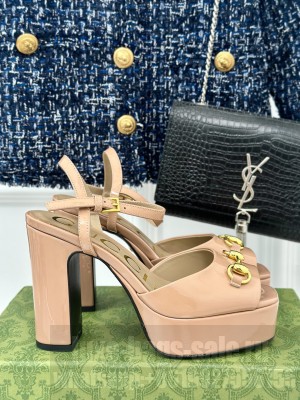 Gucci 11cm Horsebit Patent Leather Platform Sandals Beige