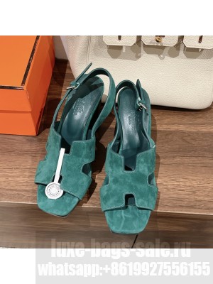 Hermes Women's Elbe 90 Sandal Green suede goatskin