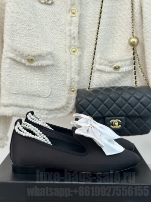 Chanel Velvet with White Maxi Bow and Pearls Flat Black