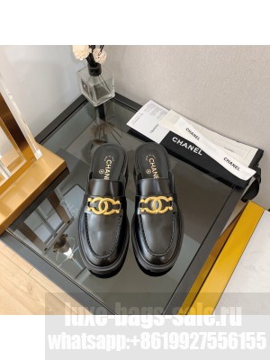 Chanel Shiny Calfskin Flat Mules with Metal CC Black