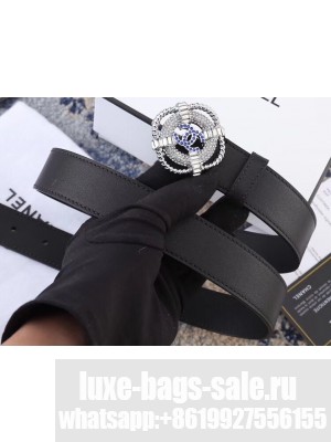 Chanel Width 3cm Crystal Square Buckle Leather Belt Black