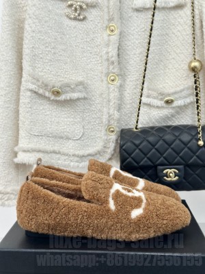 Chanel Women's CC Logo Shearling Fur Moccasins Loafer Brown 2024