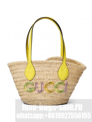 Gucci Mini Straw Tote With Gucci Logo 782381 Yellow