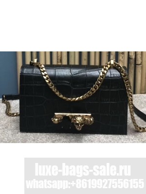 Alexander Mcqueen Jewelled Satchel Bag Embossed Croc Black/Gold