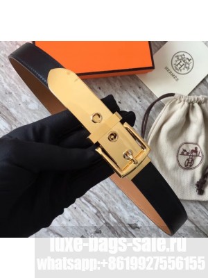 Hermes Square Buckle Leather Belt Black/Gold