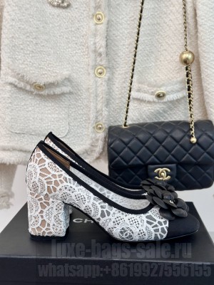 Chanel 6.5cm Mesh Lace Camellia Pumps White