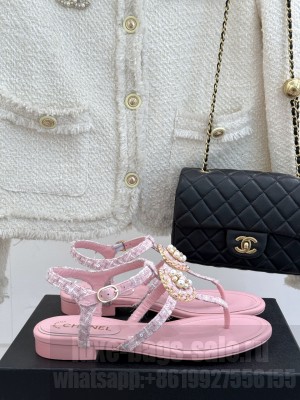 Chanel Tweed Camellia CC Pearl Flip Flops Sandal Pink 2025