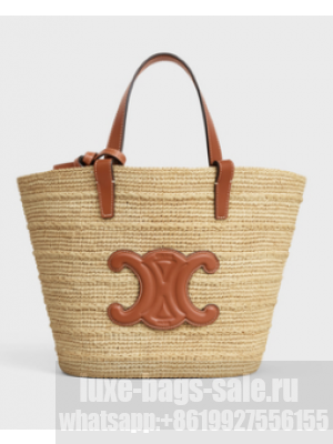 CELINE TEEN SUPPLE CELINE CLASSIC PANIER IN RAFFIA AND CALFSKIN 115802 TAN