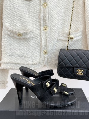 Chanel Suede Heel Sandals 8cm with CC Straps Black 2025 