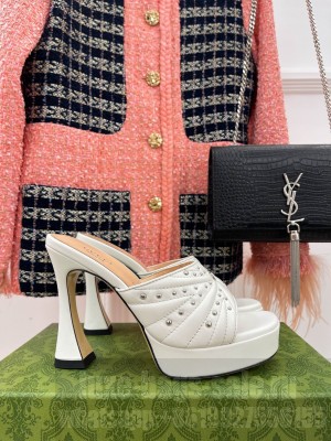 Gucci Leather Platform Slide Sandal 11cm with GG and Studs 2023 White