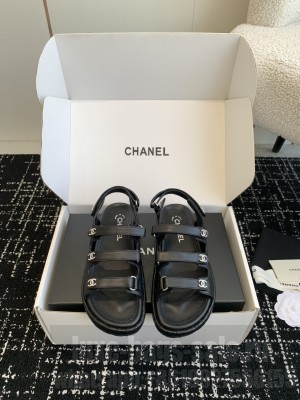 Chanel Calfskin Strap Beach Sandals Black 2025