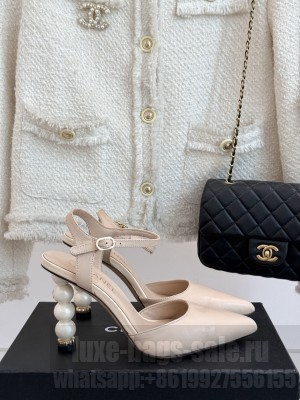 Chanel Lambskin Pearl 8cm Sandals Beige 2025 