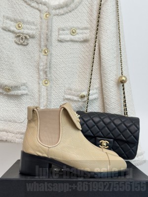 Chanel Quilting Calfskin Buckle Ankle Boots 2023 Beige
