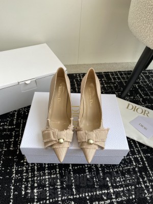 Dior Adiorable Beige Calfskin and Fringed Grosgrain Pumps