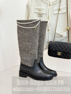 Chanel Tweed & Calfskin 3.5cm with Dropped Pearls High Boots Gray/Black