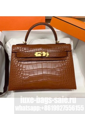 Hermes Mini Kelly II Handbag in Real Alligator Leather Brown (Handmade) Collection