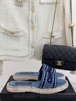 Chanel flat CC with chain slippers blue canvas 2025