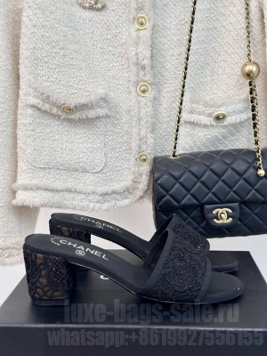 Chanel 6.5cm Mesh Lace Camellia Slide Black