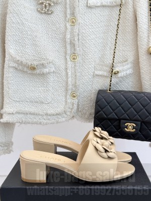 Chanel Lambskin Heel Slides Sandal 5cm with Camellia Beige 2025