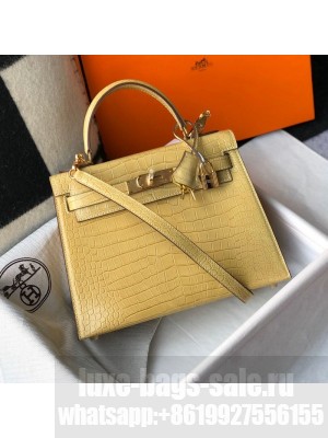 Hermes Kelly 25/28cm in Crocodile Embossed Calf Leather Light Yellow/Gold 2019 (Half Handmade) Collection