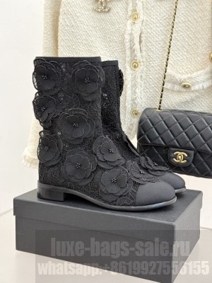 Chanel Mesh & Rose Bloom Flat Ankle Boots Black 2025
