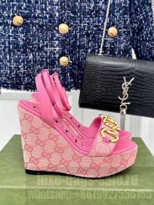 Gucci Women's Canvas 12cm Horsebit Wedge Sandals Pink