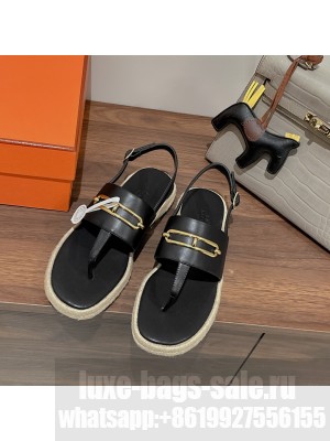 Hermes Eloise Thong Flat Sandals Espadrilles Black