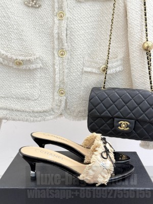 Chanel Beige Fabric Trim Bow Slide Sandals heel 5cm 2025 Beige