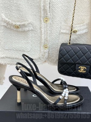 Chanel Vintage Calfskin Heel Sandals 7.5cm with Pearls Black 2025