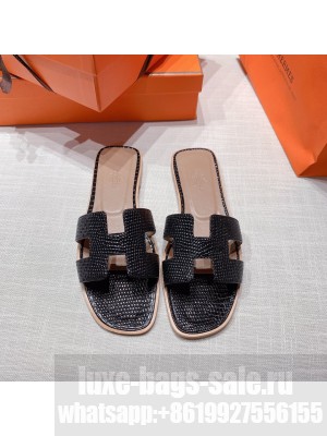 Hermes Oran Flat slippers with Lizard pattern Black 069 2021 Collection