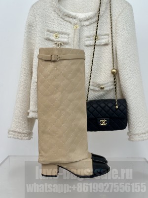 Chanel Calfskin 6.5cm Heel with Foldover and Buckle Strap Beige Long Boots 2024