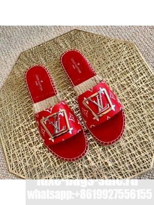 Louis Vuitton Monogram Canvas Espadrille Slide Sandals with Square LV Buckle Red 2021 Collection