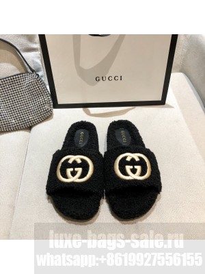 Gucci Women's slide sandal with Black Interlocking G merino wool 2021 Collection