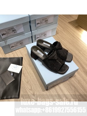 Prada 6cm Satin slides sandals With Black Cryscals Mule 2022 Collection