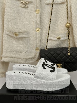 Chanel White Tweed Platform Slide Mule 