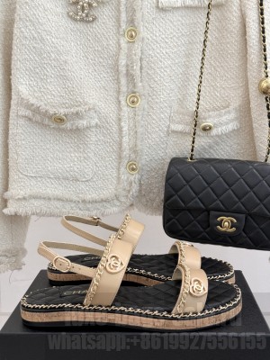 Chanel flat double C with chain sandals Beige leather 2025